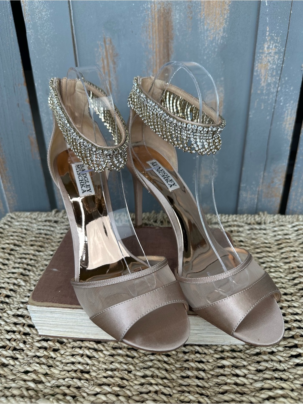 Badgley Mischka Gazelle Satin Embellished Ankle Heels Latte Sz 9.5